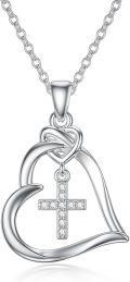 wholesale 925 Sterling Silver Cubic Zirconia Heart Cross Pendant Necklace for Women Wife Gift-0-0