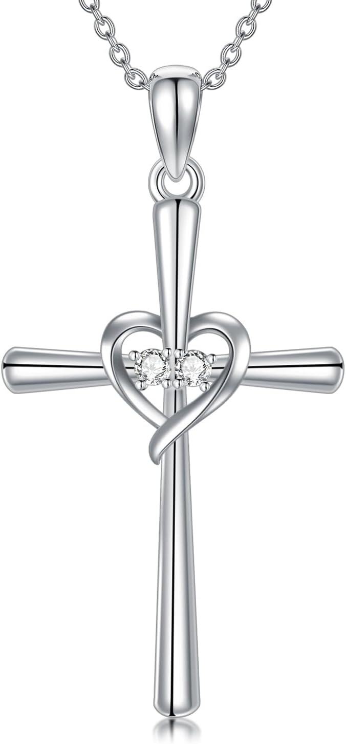 Sterling Silver Lab Grown Diamond Cross Necklace for Women-0-1