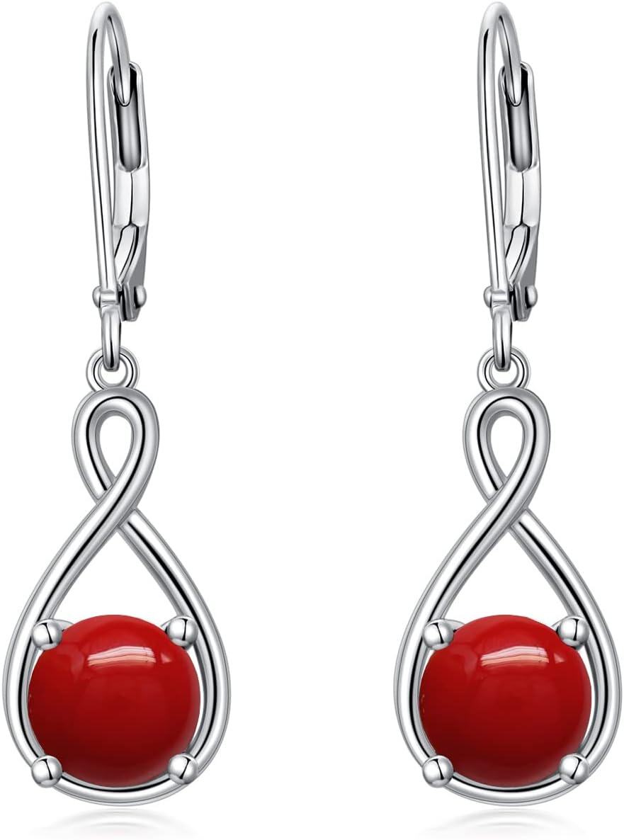 Sterling Silver Birthstone Dangle Drop Earrings Infinity Valentine s Day Jewelry Gifts for Women Girls-Red Coral