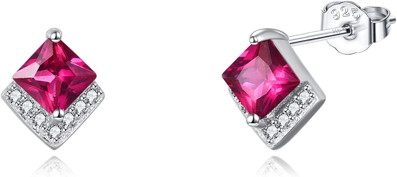 Sterling Silver Cubic Zirconia Birthstone Stud Earrings Hypoallergenic-Jul-Ruby