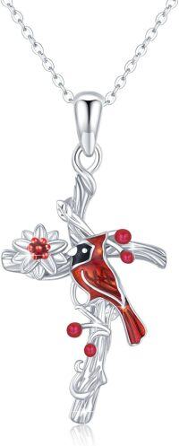 wholesale 925 Sterling Silver Red Crystal Cardinal Cross Bird Pendant Necklace for Women Gifts-C-Flower Cardinal