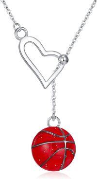 wholesale 925 Sterling Silver Heart & Red Enamel Basketball Lariat Necklace Sports Jewelry for Women-Basketball