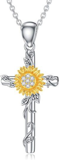 wholesale 925 Sterling Silver Sunflower Pendant with Cubic Zirconia and Leaf Design Necklaces for Women-Type 21