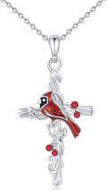 wholesale 925 Sterling Silver Red Stone Cardinal Cross Bird Pendant Necklace-0-0