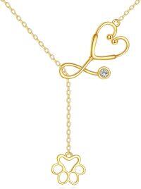 wholesale 14K Gold Heart-Shaped Stethoscope Pendant Necklace with Paw Print Charm - Gifts for Nurses and Pet Lovers-Gold-Veterinarian Jewelry