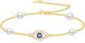 wholesale 14K Gold White Pearl and Sapphire Evil Eye Charm Bracelet (Adjustable)-0-0