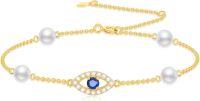 wholesale 14K Gold White Pearl and Sapphire Evil Eye Charm Bracelet (Adjustable)-Evil Eye C