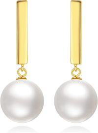 wholesale 925 Sterling Silver White Pearl Bar Drop Earrings for Women -Gold-3