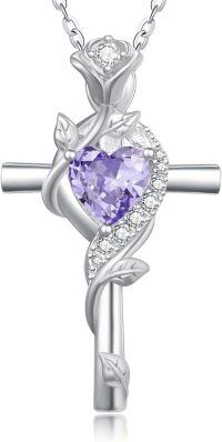 wholesale Sterling Silver Rose Cross Pendant Necklace for Women-White Gold-6-Alexandrite-White Gold-6-Alexandrite