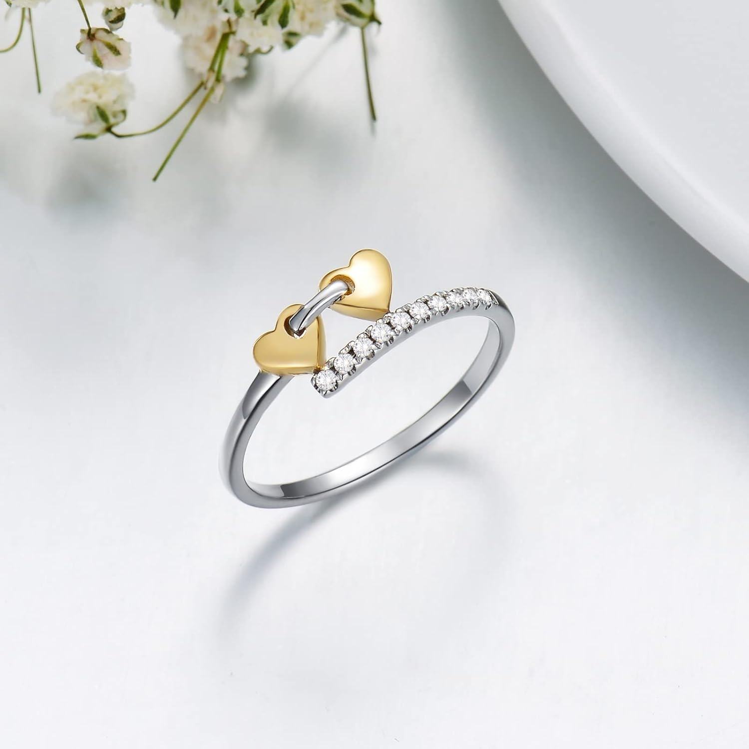 10K White Gold Natural Diamond Heart Ring for Women Anniversary Gift-0-5