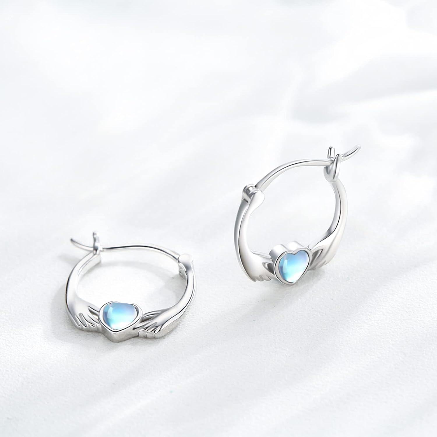 925 Sterling Silver Heart Moonstone Claddagh Celtic Knot Huggie Hoop Earrings-0-1
