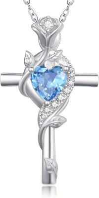 wholesale Sterling Silver Rose Cross Pendant Necklace for Women-White Gold-3-Aquamarine-White Gold-3-Aquamarine