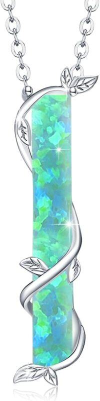 wholesale 925 Sterling Silver Opal Leaf Bar Pendant Necklace - White Blue Green Gemstone s for Women and Teen Girls-k-Green Opal
