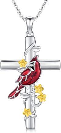 wholesale 925 Sterling Silver Cross with Red Cardinal and Flowers Pendant Necklace-Cross-Cardinal