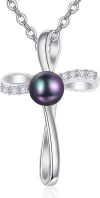 wholesale 8mm Black Pearl Sterling Silver Necklace - Simple Elegant Minimalist Dainty Pendant Jewelry for Women-F-Infinity Cross