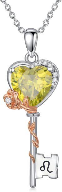 wholesale  Sterling Silver Birthstone Zodiac Necklace for Women Rose Flower Key Pendant Wife Gift -8-Leo (7\/23~8\/22)