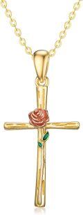 wholesale 14K Gold Rose Flower Vine Cross Pendant Necklace for Women Gifts for Mom Wife Love-0-0
