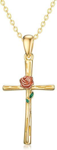 wholesale 14K Gold Rose Flower Vine Cross Pendant Necklace for Women Gifts for Mom Wife Love-Rose Flower Cross
