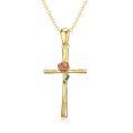 wholesale 14k Rose Cross Pendant With Green Leaf Detail On Chain-0-0
