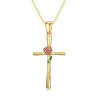 wholesale 14k Rose Cross Pendant With Green Leaf Detail On Chain-Rose Flower Cross