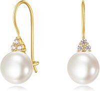 wholesale 14K Solid Gold White Pearl and Cubic Zirconia Dangle Drop Earrings for Women-Pearl