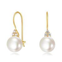 wholesale 14K Solid Gold White Pearl and Cubic Zirconia Dangle Drop Earrings for Women-Pearl