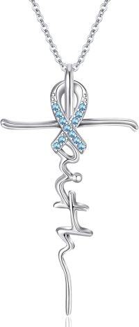 wholesale 925 Sterling Silver Birthstone Faith Cross Pendant Necklace for Women Religious Jewelry Gifts-Silver-03-Mar