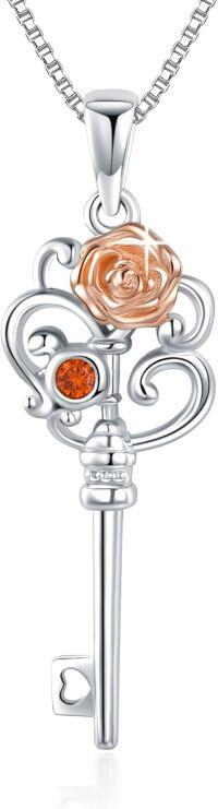 wholesale 925 Sterling Silver Red Garnet and Pink Sapphire Heart-Shaped Key Pendant Necklace for Women-key