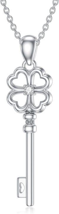 wholesale 925 Sterling Silver & Lab-Grown Diamond Four Leaf Clover Key Necklace for Luck, Love & Special Occasions-Key
