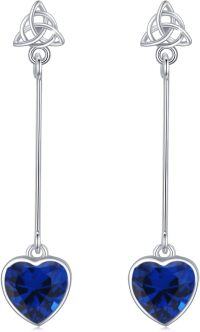 wholesale 925 Sterling Silver Blue Crystal Heart Drop Earrings with Trinity Knot Topper-Cobalt Blue