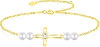 wholesale 10K Gold Moissanite & Pearl Cross Bracelet for Women, Nickel-Free, 8.4-10k Yellow Gold