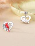 wholesale 925 Sterling Silver Heart-Shaped Red Bird Stud Earrings with Green Leaves and Berries - Holiday Gift Ideas for Women-0-4