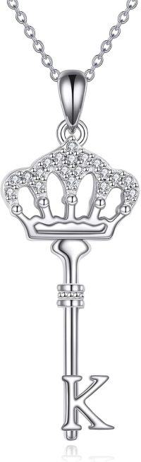 wholesale Metal Stone Dainty Letter Key Crown Necklace Lucky Script Pendant Chain-Key-K