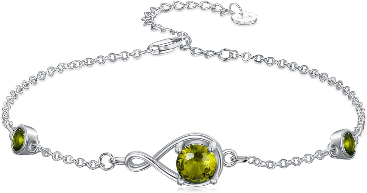  Sterling Silver Infinity Birthstone Link Bracelet for Women Adjustable 7 +2 Chain Gift -08-Aug-Peridot