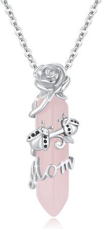 wholesale 925 Sterling Silver Rose Quartz Ladybug Mom Charm Pendant Necklace for Women-Pink