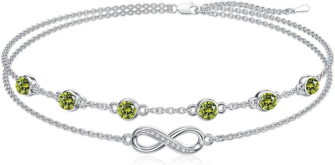 Sterling Silver Birthstone Women s Anklet Bracelets Infinity Butterfly Evil Eye Turtle Pineapple Starfish Heart-Infinity 08-Peridot-Anklet 9"-11"