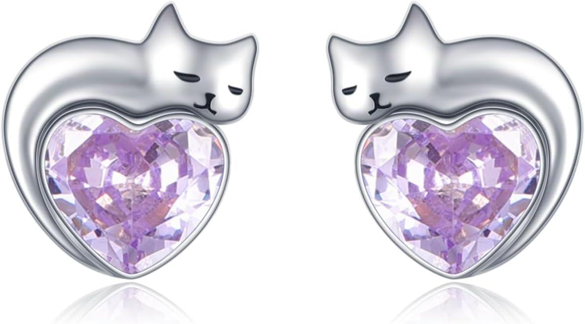 wholesale Sterling Silver Birthstone Cat Stud Earrings Heart Jewelry for Women-06-June