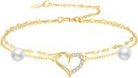 wholesale 14K Gold Pearl & Crystal Heart Layered Ankle Anklet for Women-14K Yellow Gold