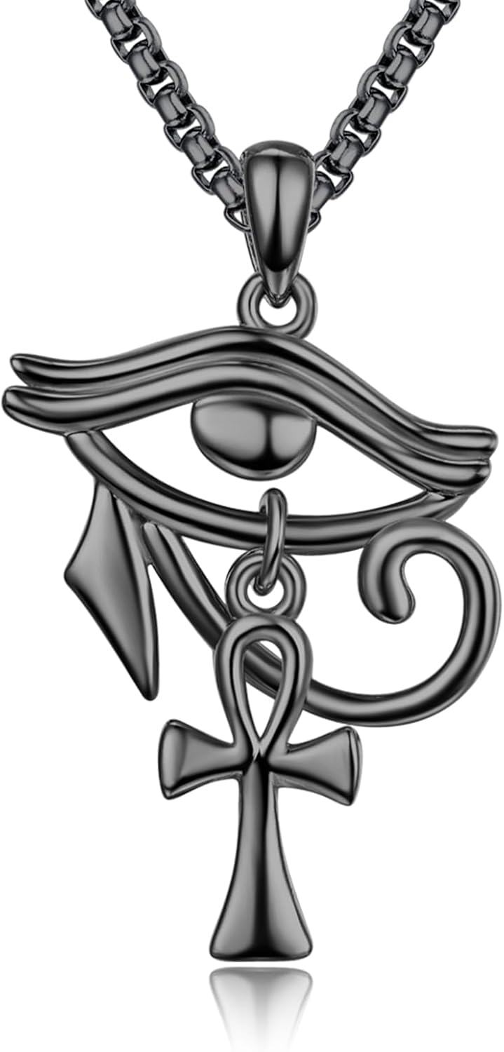 Sterling Silver Eye of Horus with Ankh Pendant Necklace for Women Men-Black