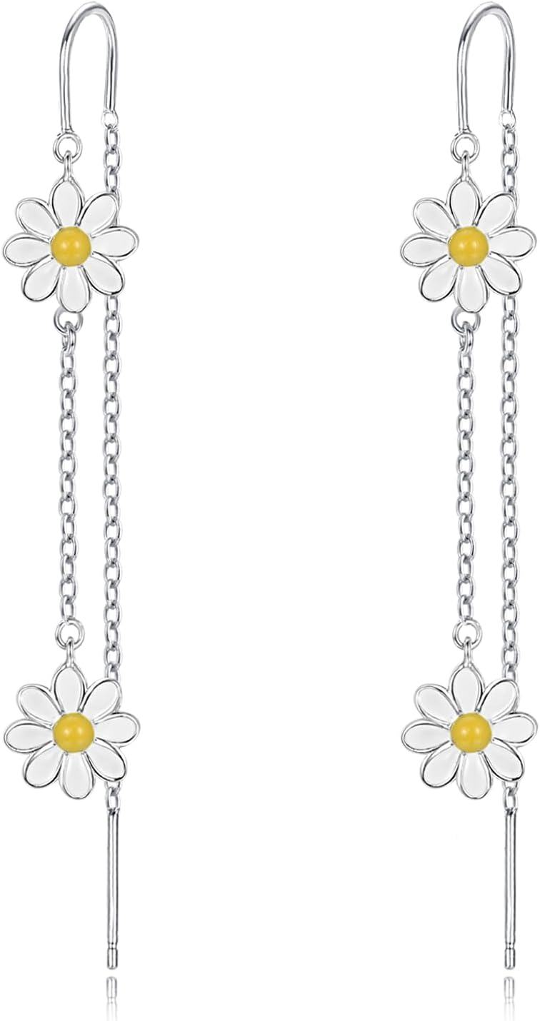 925 Sterling Silver Daisy Flower Drop Earrings for Women Girls  925 Sterling Silver Chain Long Hanging Earings Minimalist Fashion Accessories Lightweight Hypoallergenic Nickel Free Safe Everyday Wear Trendy Bohemian Style Statement Piece Unique Birthday Christmas Valentine's Day Present Idea Under $30 USD-0-0