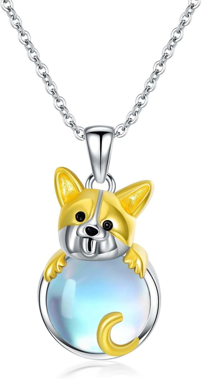 Sterling Silver Moonstone Dog Necklace for Women Memorial Jewelry Gift-Corgi