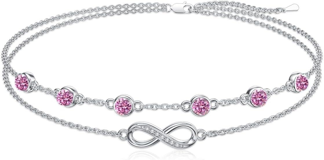 Sterling Silver Birthstone Women s Anklet Bracelets Infinity Butterfly Evil Eye Turtle Pineapple Starfish Heart-Infinity 10-Rose-Bracelet 7"-9"