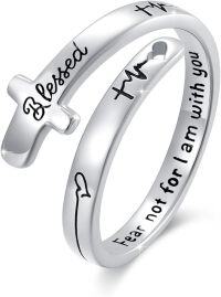 wholesale 925 Sterling Silver Cross Ring with Heart for Women Christian Blessed Faith Jewelry Adjustable Gift-Cross Blessed 1