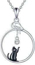 wholesale 925 Sterling Silver Black Cat with Circle Design and CZ Stone Pendant Necklace Gift for Women-0-0