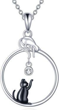 wholesale 925 Sterling Silver Black Cat with Circle Design and CZ Stone Pendant Necklace Gift for Women-cat Zircon