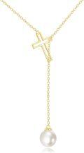 wholesale 14K Gold Cross & Pearl Lariat Necklace for Women - Anniversary/Birthday Gift-0-0