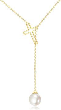 wholesale 14K Gold Cross & Pearl Lariat Necklace for Women - Anniversary/Birthday Gift-Cross