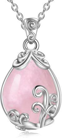 wholesale Sterling Silver Crystal Filigree Teardrop Pendant Necklace-Rose Quartz