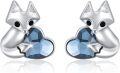 wholesale 925 Sterling Silver Fox Heart Blue Crystal Stud Earrings-0-0