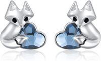 wholesale 925 Sterling Silver Fox Heart Blue Crystal Stud Earrings-Fox
